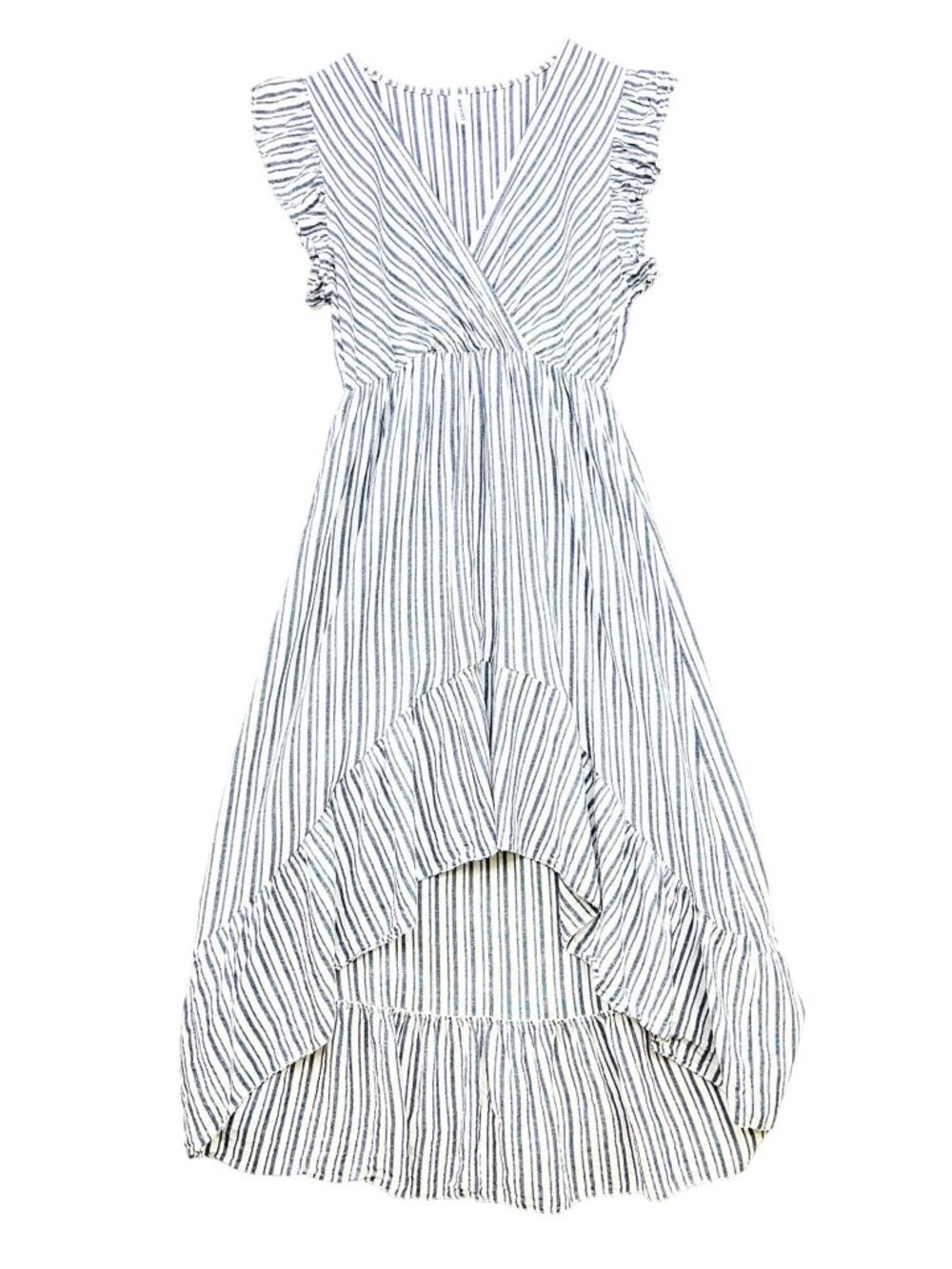 Womens Euro High Low Midi Dress Size 10 Blue Striped Ruffle Linen Blend Casual